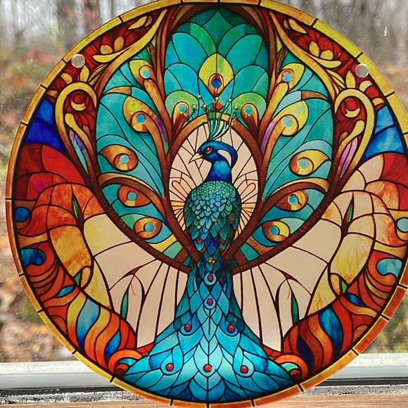 Suncatcher Blue Peacock Bird Decorative Window Wall Decor Faux Stained Glass 6” - Picture 1 of 3